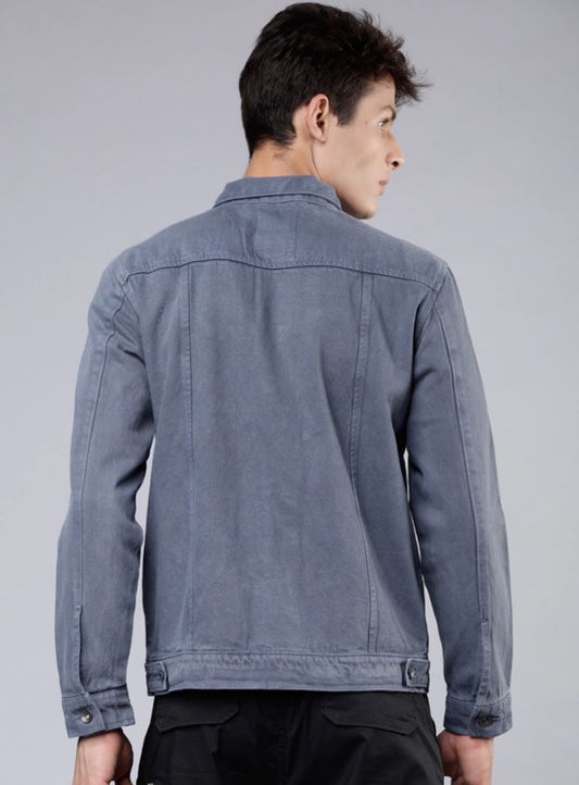 Men Solid Denim Jacket - Grey