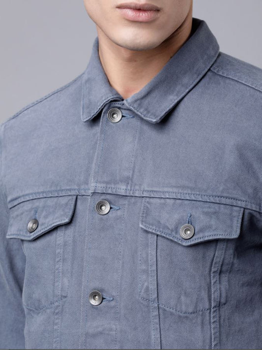 Men Solid Denim Jacket - Grey