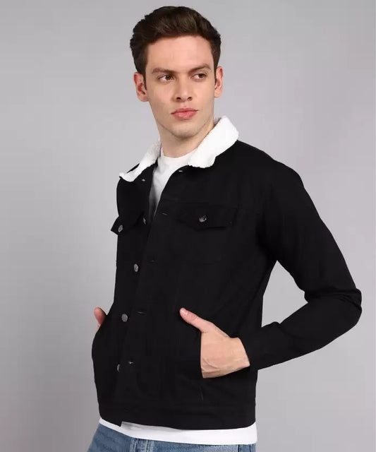 Men Solid Denim Jacket - Black