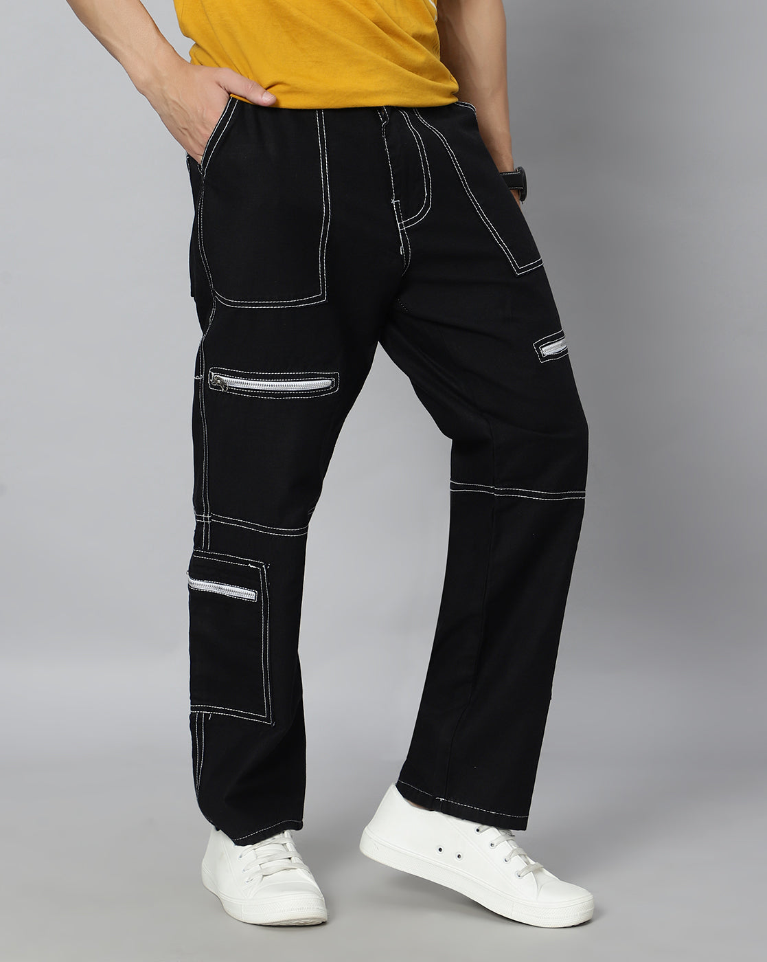 Men Denim Cargos - Black