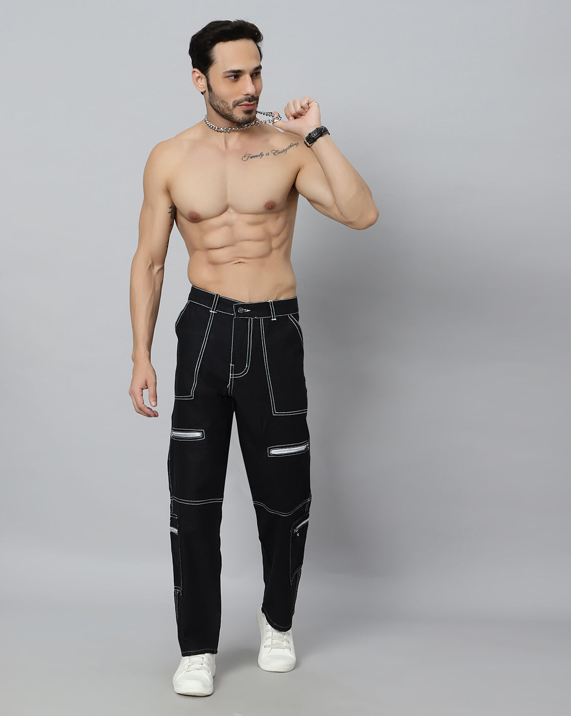 Men Denim Cargos - Black