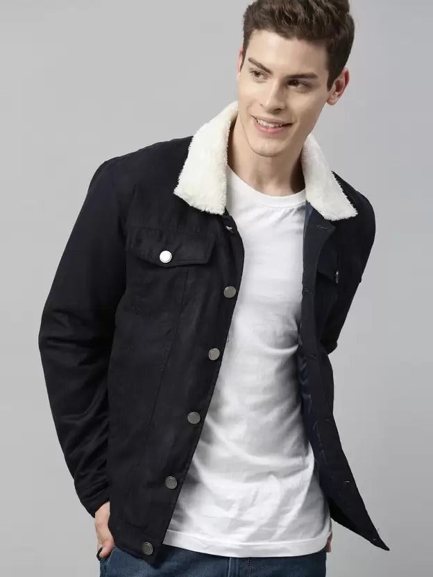 Men Solid Denim Jacket - Black