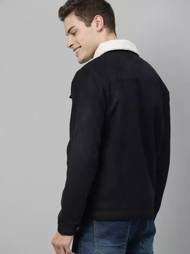 Men Solid Denim Jacket - Black