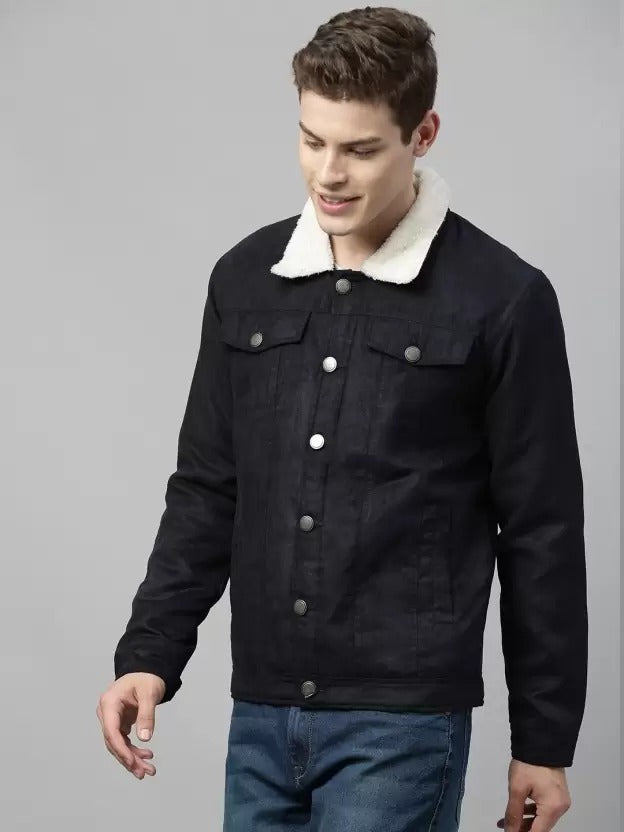 Men Solid Denim Jacket - Black