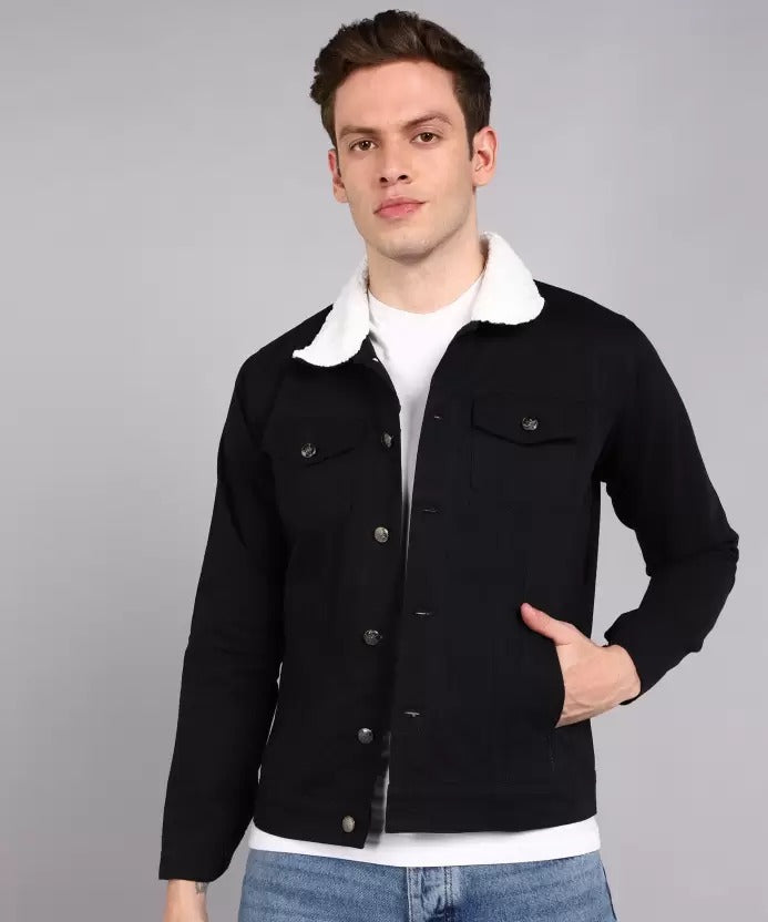 Men Solid Denim Jacket - Black
