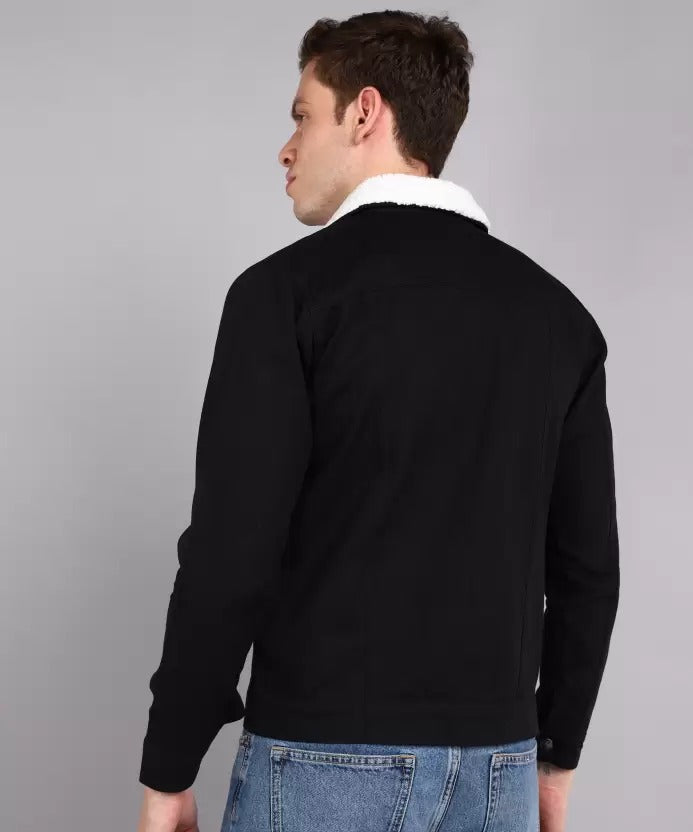 Men Solid Denim Jacket - Black