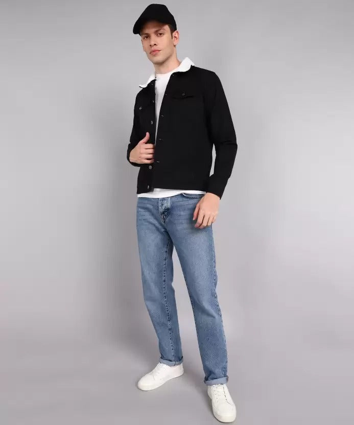 Men Solid Denim Jacket - Black